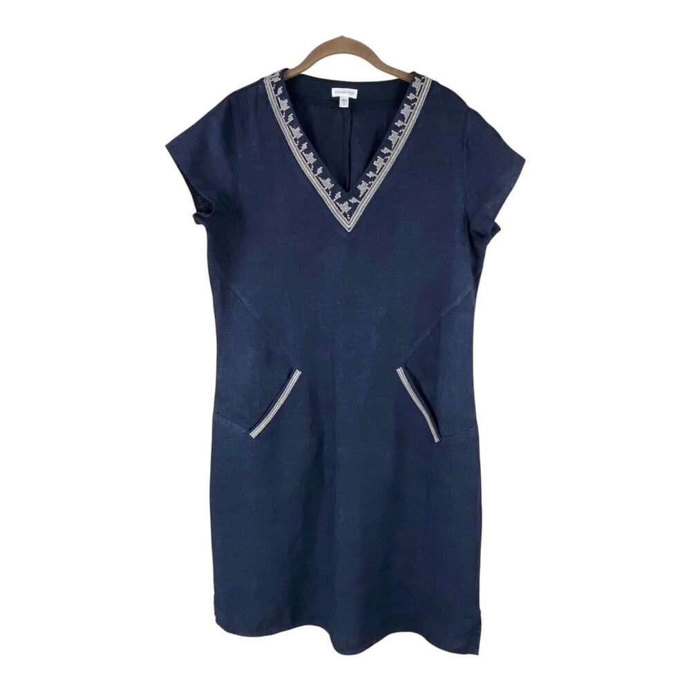 Garnet Hill Navy 100% Linen Embroidered Dress Size 10 Beach Resort